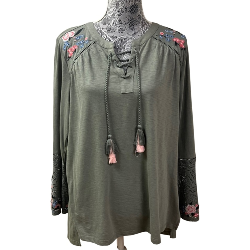 Floral Embroidery Boho Peasant Crochet Style & Co Womens SZ OX (14) Green NEW